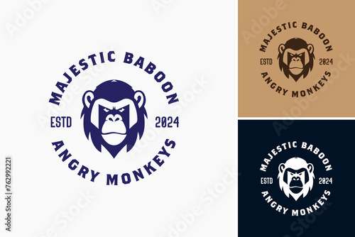Majestic Baboon Angry Monkeys Logo: Majestic letter M incorporates fierce baboons, exuding strength and power, ideal for sports or aggressive brands.