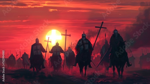 Warriors under the banner of the Knights Templar seek the Holy Grail as the sun sets merging myth with mission