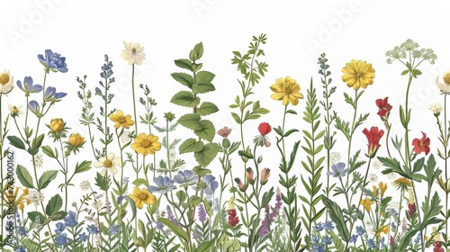 An engraving style botanical illustration. Herbs and wild flowers. Colorful modern floral border.