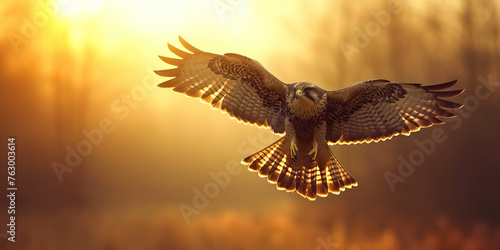 One flying falcon in the nature background