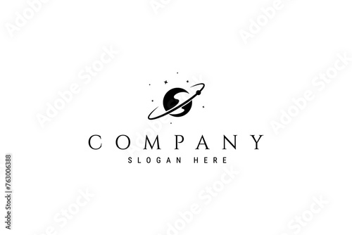 abstract planet with an orbit in outer space line art vector illustration logo design