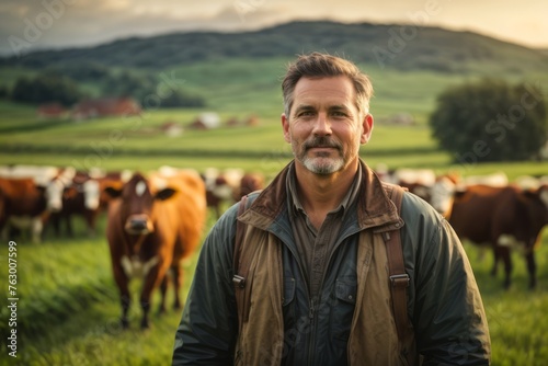 breeder male cattle farmer with cows background.