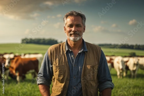 breeder male cattle farmer with cows background.