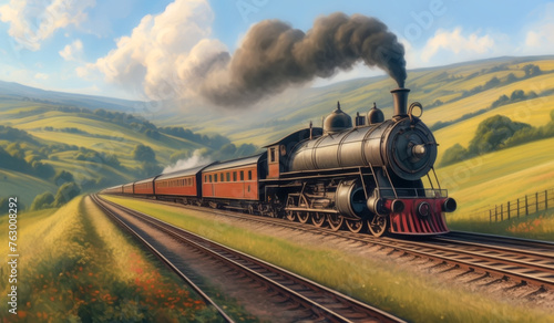 Old-fashioned steam train journeying across countryside landscapes, leaving a trail of smoke,ai generated