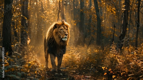 A forest alive with the song of the wind, where a lion roams freely, embodying the spirit of the wild