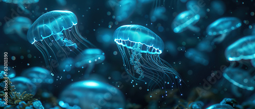 dark underwater scene illuminated by the gentle glow of bioluminescent jellyfish. The jellyfish are drifting gracefully