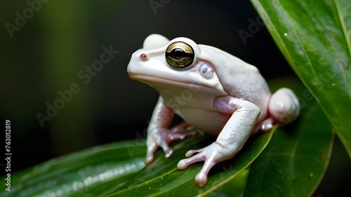 Australian white tree frog on leaves dumpy frog on bra