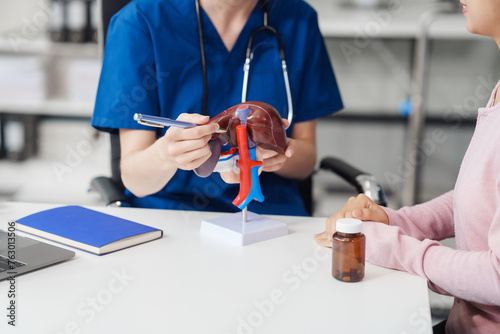 Caucasian liver professional female doctor explain to asian female patient using human liver model at desk in medical room, Liver cancer and Tumor, Jaundice, Viral Hepatitis A, B, C, D, E, cirrhosis