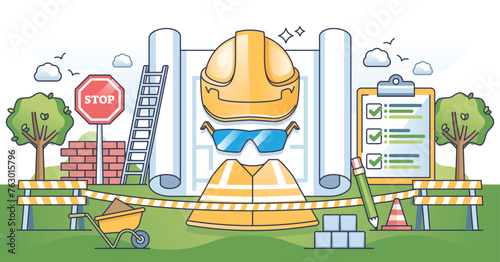 Work safety regulations for individual health protection outline concept. Construction site equipment with vest and helmet for injury prevention vector illustration. Standards to avoid accidents.