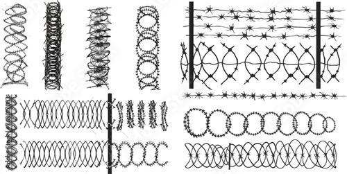 Barbed wire metallic border elements, sharply barb wire fencing vector symbols set