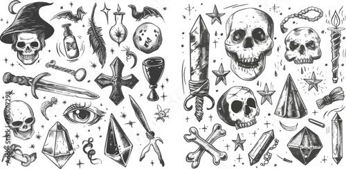 Witch hand drawn magic element, doodle witchcraft crystal, skull, knife, mystery tattoo sketch vector illustration icons set