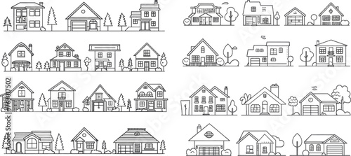 Vacation home, suburban area and hand dwawn housing market branding vector illustration set