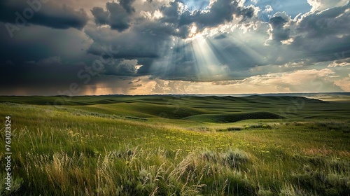 Sunlight breaking through storm clouds over a vast