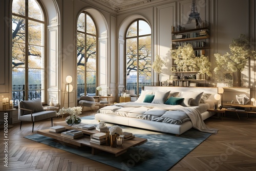 stylist and royal Illustration of modern bedroom with big french windows, space for text, photographic