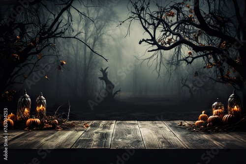 stylist and royal Old wood table and silhouette dead tree at night for Halloween background