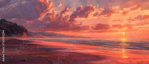 a painting of sunset in color in the style of realistic rendering majestic
