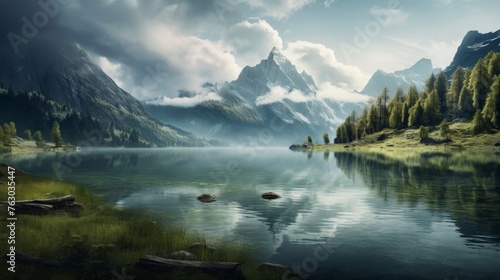 Lake and mountain landscape in natural light