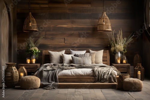 stylist and royal Rustic home design with ethnic boho decoration. Bed with pillows, wooden furniture, space for text