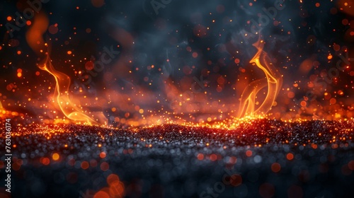 An abstract light background with fire sparks and fire embers. The Bonfire in motion is lit by dark glitter and fire particles.