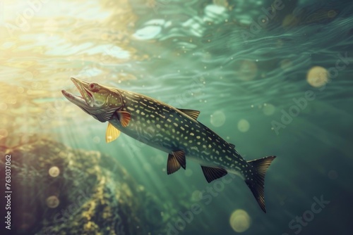 pike fish in the water with sunlight near the edge