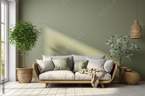 stylist and royal Traditional living room interior mockup with grey sofa and green pillows by olive tree