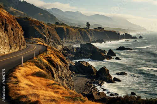 stylist and royal Travel Road on Rugged Oregon Coast landscape with rock formation,