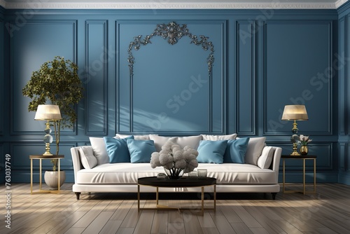 stylist and royal white and blue living room whit classic sofa-rendering,Octane Render