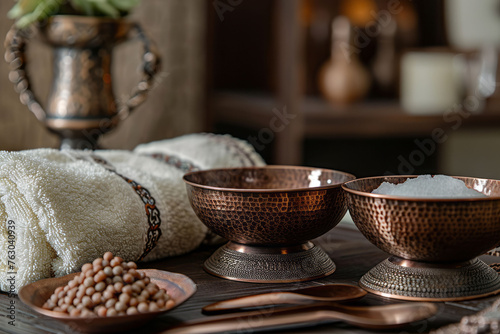 The elegance of a Turkish hammam by showcasing traditional bath accessories such as copper bowls, scrubbing mitts, and ornate soap dishes.