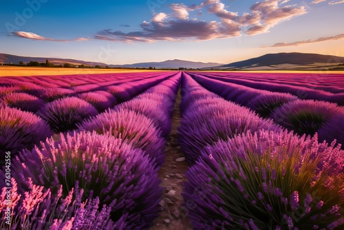 Agriculture background landscape panorama. Field of blooming lavender field, lavandula angustifolia