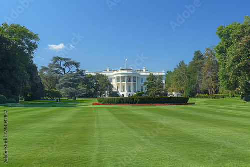 The White House surrounded by a picturesque landscape and a clear sky.