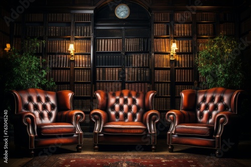 A black leather bound book is placed on a polished wooden table, surrounded by vintage reading lamps and antique leather armchairs, within the ambiance of a timeless library.