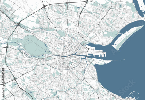 Map of Dublin, Ireland. Detailed city map, metropolitan area.