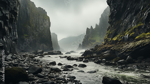 Beautiful seascape with basaltic cliffs and river.
