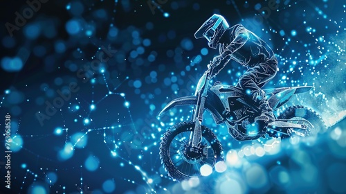 Abstract 3D illustration of a jumping motocross rider on blue. Motocross freestyle. Dots, lines, and stars. 