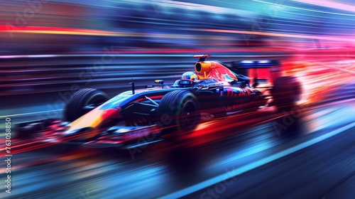 Racing car speeding on track, competitive motorsports, motion blur, digital art illustration
