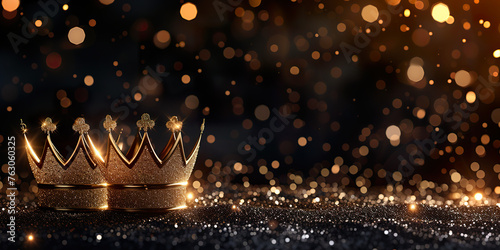 Three gold shiny crowns on festive background
