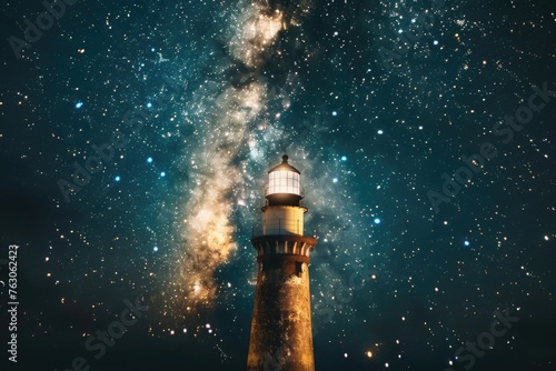 A beautiful lighthouse with a backdrop of a star-filled night sky. Ideal for travel and nature concepts