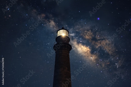 A picturesque lighthouse under a night sky filled with stars. Perfect for travel or astronomy themes