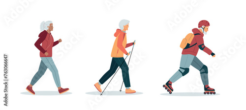 Energetic happy gray haired elderly women and man, Healthy lifestyle. Elderly woman running with headphones. Elderly woman practice nordic walking. Old adult man rollerblading. Vector Illustration