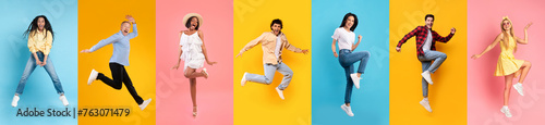 Cheerful People. Set Of Happy Men And Women Jumping On Colorful Backgrounds