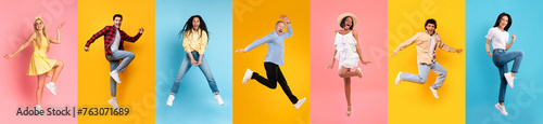 Diverse Overjoyed People Jumping In Air Against Colorful Studio Backgrounds