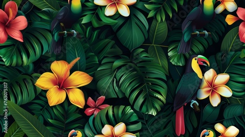 Seamless pattern tropical rainforests with colourful birds and flowers