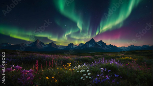 Photoreal as Nocturnes Palette Concept As Rolling hills enveloped in mist with a sky painted in the soft hues of the aurora borealis, Full depth of field, clean light, high quality ,include copy space