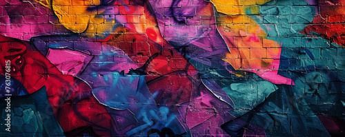 Colorful abstract graffiti embellishes a brick wall, creating a vibrant and dynamic background.