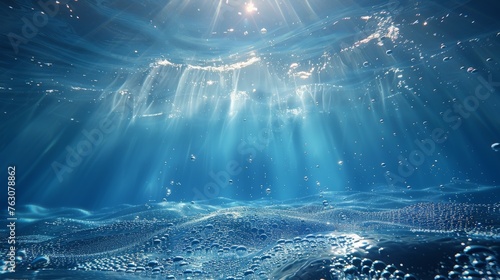 This underwater background is a realistic 3d modern illustration showing air bubbles, ripples, and rays of sun falling on a transparent aqua texture.