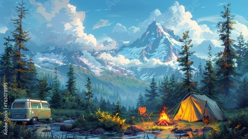 Modern cartoon camp with bonfire, tent, van, backpack, chair, guitar and backpack. Travel, hiking, camping and activity vacation equipment.