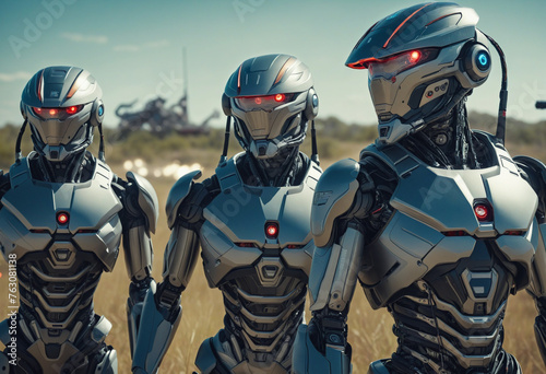 Many futuristic military cyborgs outdoors on field