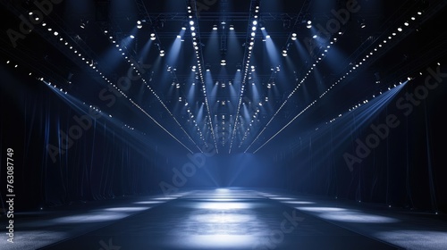 Empty catwalk with many spotlights, fashion event, runway podium stage