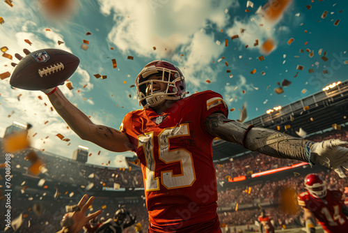 Victorious American football player celebrates scoring a touchdown in a sea of fans at the Superbowl.