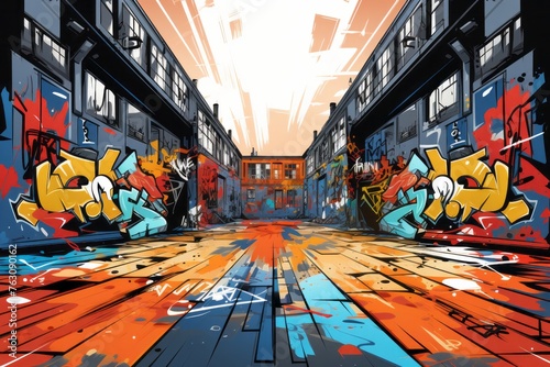 A painting depicting a gritty urban street covered in colorful graffiti. The walls are filled with tags and street art, adding a sense of edginess to the scene